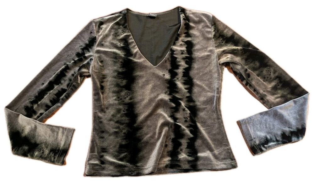 PIA Womens Velvet Burnout Tie Dye V Neck Long Sleeve Top Y2K Goth S